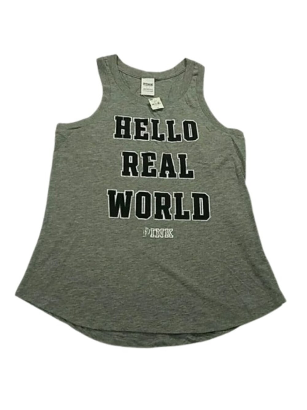 PINK Victoria’s Secret Hello Real World Graphic Tank Top Gray NWT